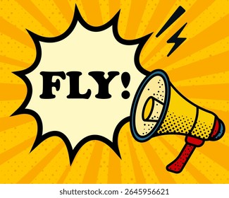 Fly speech bubble. Megaphone, lightning, speech burst, sound lines, pop art style, loudspeaker, public speaking, yellow background, expression, voice, alert, broadcast