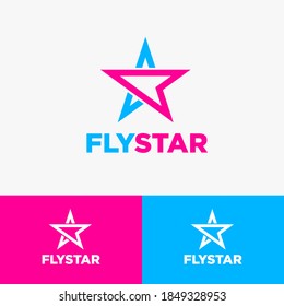 Fly Star logo. Star and paper plane logo. Logo can used for small aviation, aircraft, sport, bank, payment system, instant lending, tourism.