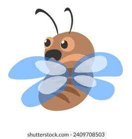 Fly with surprised or scared muzzle expression. Food source for various animals. Isolated insect with open mouth trying to escape from predator. Essential part of nutrition web. Vector in flat style