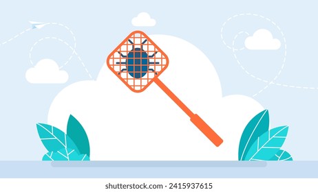 Fly swatter with dead bug. Kill bugs. Removing malicious applications. Carton icon. Isolated on white background. Homemade manual equipment to get rid of insects. Flat design. Vector illustration