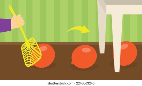 A fly swatter distills balloons under the table