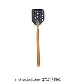 Fly swatter con una cabeza oscura perforada y un mango largo marrón, que representa un método común de control de plagas para eliminar insectos voladores en interiores y exteriores