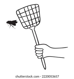 Fly and fly swatter. Hand drawn outline vector design on white background.