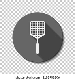 Fly swatter icon. flat icon, long shadow, circle, transparent grid. Badge or sticker style