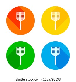 Fly swatter icon. Flat white icon on colored circles background. Four different long shadows in each corners