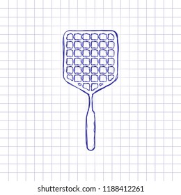 Fly swatter icon. Hand drawn picture on paper sheet. Blue ink, outline sketch style. Doodle on checkered background