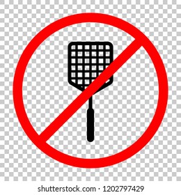 Fly swatter icon. Not allowed, black object in red warning sign with transparent background