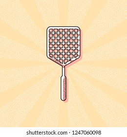 Fly swatter icon. Vintage retro typography with offset printing effect. Dots poster with comics pop art background