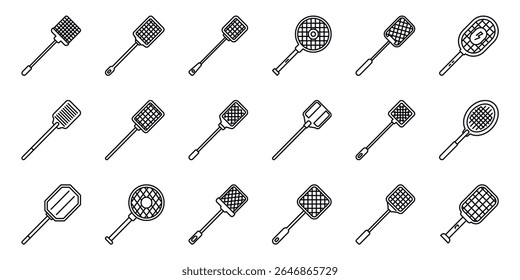  Conjunto de iconos de swatter de mosca. Conjunto de iconos de matamoscas simples que representan el control de plagas, eliminando insectos molestos y manteniendo el medio ambiente limpio