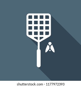 Fly swatter and insect. Simple icon. White flat icon with long shadow on background