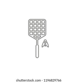 Fly swatter and insect. Simple icon. Dotted outline silhouette with shadow on white background