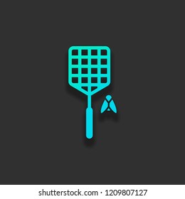 Fly swatter and insect. Simple icon. Colorful logo concept with soft shadow on dark background. Icon color of azure ocean