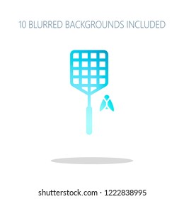 Fly swatter and insect. Simple icon. Colorful logo concept with simple shadow on white. 10 different blurred backgrounds included