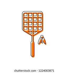 Fly swatter and insect. Simple icon. Isolated icon consisting of black thin contour and orange moved filling on different layers. White background