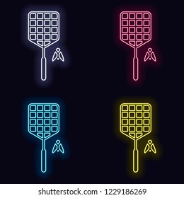 Fly swatter and insect. Simple icon. Set of neon sign. Casino style on dark background.