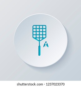 Fly swatter and insect. Simple icon. Cut circle with gray and blue layers. Paper style