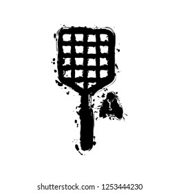 Fly swatter and insect. Simple icon. Black ink with splashes on white background