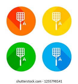 Fly swatter and insect. Simple icon. Flat white icon on colored circles background. Four different long shadows in each corners