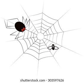 Fly tangled in the web. A huge spider-monster is approaching the victim. Vector illustration