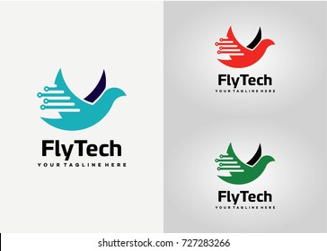  Fly Tech Logo Template Design. Creative Vector Emblem, for Icon or Design Concept.