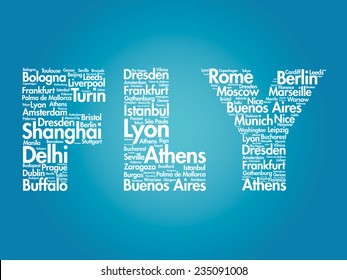 FLY text travel concept made with words cities names, vector collage