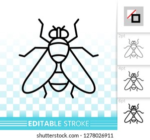 Fly thin line icon. Outline web sign of insect. Housefly linear pictogram with different stroke width. Bug simple vector symbol on transparent background. Drosophila editable stroke icon without fill