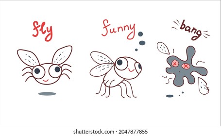 fly in three poses with inscriptions 