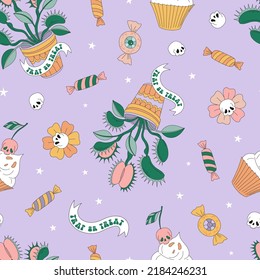 Fly Trap plant and Spooky Halloween Sweets vector seamless pattern. Retro 60s 70s trick or treat phrase background. Boho Venus flytrap surface design.