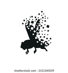 The fly turns into a cloud of squares of different sizes.