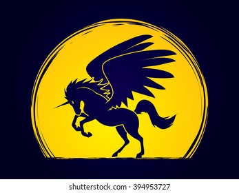 Fly Unicorn silhouette designed on moonlight background graphic vector.