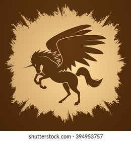 Fly Unicorn silhouette designed on grunge frame background graphic vector.