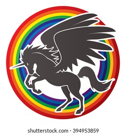Fly Unicorn silhouette designed on line rainbows background graphic vector.