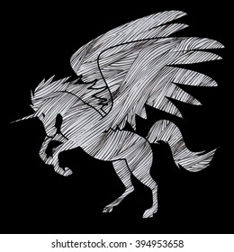 Fly Unicorn silhouette designed using grunge silver brush graphic vector.