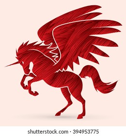 Fly Unicorn silhouette designed using red grunge brush graphic vector.