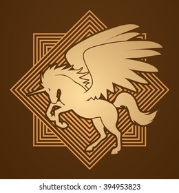 Fly Unicorn silhouettes designed on line gold square background graphic vector.