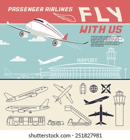 Fly With Us. Airport And Airplane Illustration With Outline Icons Set