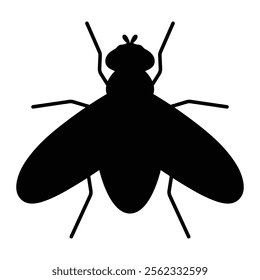 Fly vector icon. Insect symbol for nature, wildlife, and entomology design. Black silhouette isolated on white background.