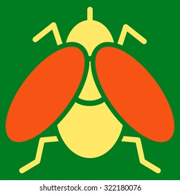 Fly vector icon. Style is bicolor flat symbol, orange and yellow colors, rounded angles, green background.