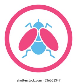Fly vector icon. Style is bicolor flat rounded symbol, pink and blue colors, rounded angles, white background.