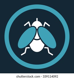 Fly vector icon. Style is bicolor flat rounded symbol, blue and white colors, rounded angles, dark blue background.