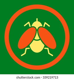 Fly vector icon. Style is bicolor flat rounded symbol, orange and yellow colors, rounded angles, green background.