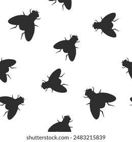 Fly. Vector illustration. Seamless pattern of flying insect. Monochrome ornament from a fly. In cartoon style, flat. For background design, packaging, textiles, wallpaper