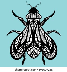 Fly. Wasp. Bumblebee. Insect. Flying Hornet. Line art. Black and white drawing by hand. Tattoo.