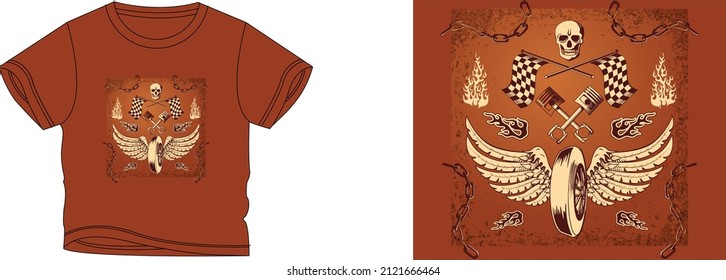 el color de fondo del diseño de las camisetas de la rueda de la mosca y la raza es un color naranja oscuro y hermoso diseño