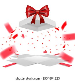 Fly White Open Gift Box With Ribbon On White Background. EPS10 Vector