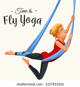 Fly yoga flat poster with girl in sportswear doing one-legged king or inverted pigeon aerial pose in hammock vector illustration.