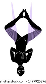 Fly yoga. Yoga on the hammock. Silhouette of a slender girl who goes in for sports, meditation. Good for your health. Vector illustration.