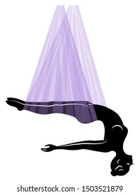 Fly yoga. Yoga on the hammock. Silhouette of a slender girl who goes in for sports, meditation. Good for your health. Vector illustration.