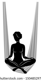 Fly yoga. Yoga on the hammock. Silhouette of a slender girl who goes in for sports, meditation. Good for your health. Vector illustration.