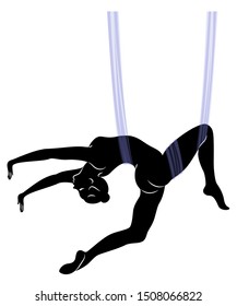 Fly yoga. Yoga on the hammock. Silhouette of a slender girl who goes in for sports, meditation. Good for your health. Vector illustration.